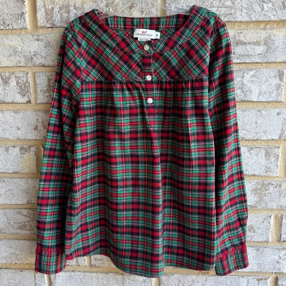 Vineyard Vines Long Sleeve 1/4 Button Holiday Plaid Pullover Blouse Girls Size M